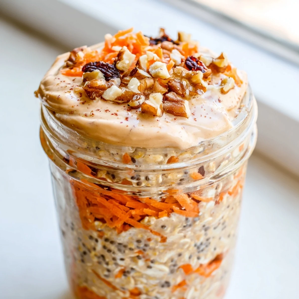 Creamy Carrot Cake Overnight Oats served in glass jars with raisins and a sprinkle of cinnamon