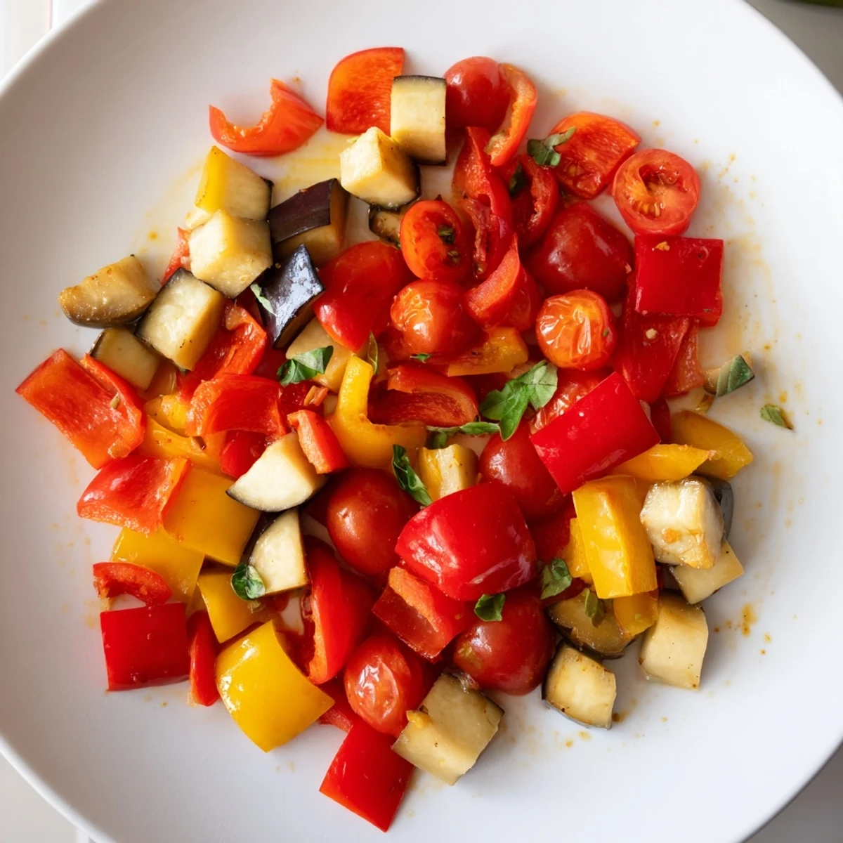 Golden caramelized classic Mediterranean roasted vegetables on a rustic serving platter