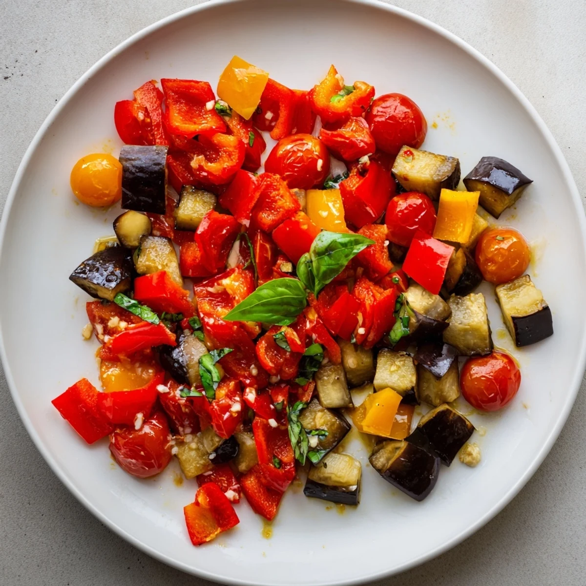 Warm classic Mediterranean roasted vegetables with tender zucchini and charred edges