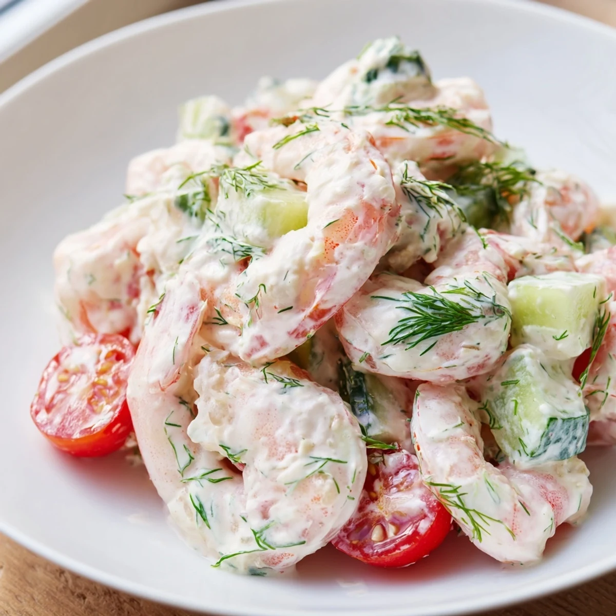 Glowing shrimp salad recipe served over leafy greens with cherry tomatoes and fresh dill