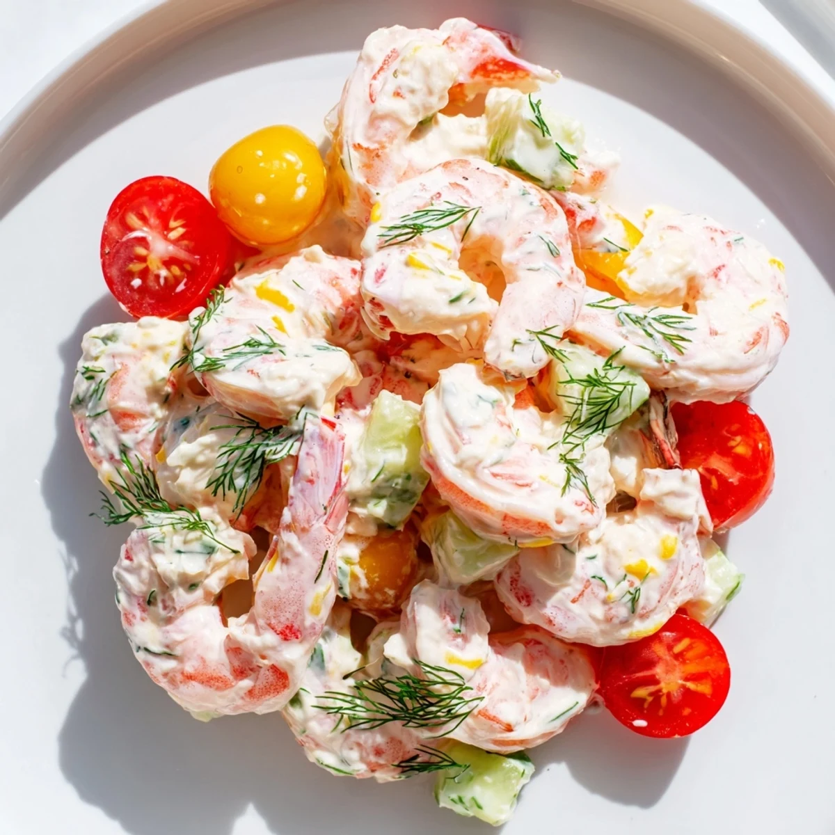Creamy shrimp salad recipe mounded in a bowl alongside crusty bread for summer lunches