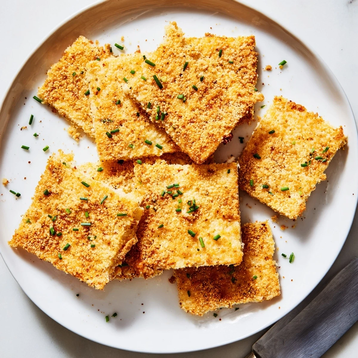 Warm golden cheese and chive crisps cooling on a wire rack after baking
