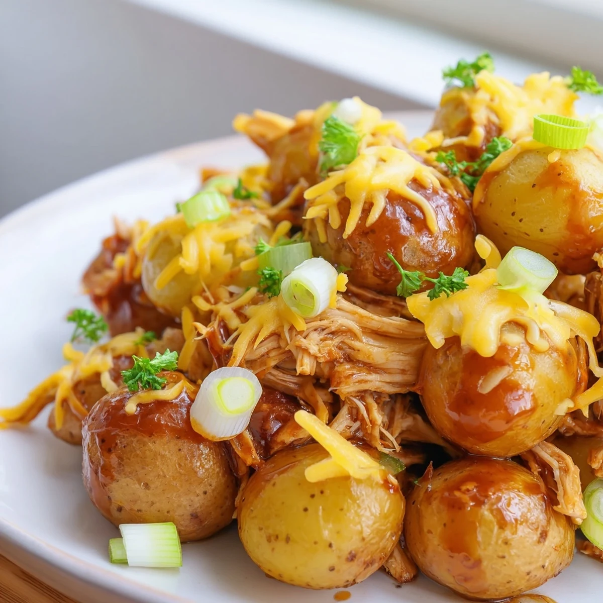 Golden roasted baby potatoes loaded with honey BBQ chicken and melted cheddar