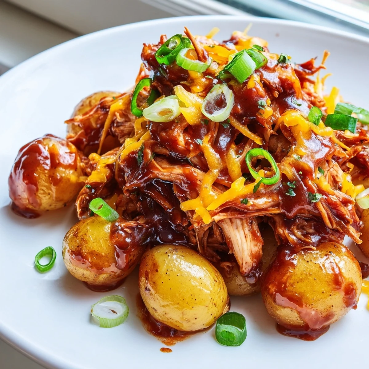 Hearty honey BBQ chicken and potatoes baked until cheese is golden and gooey