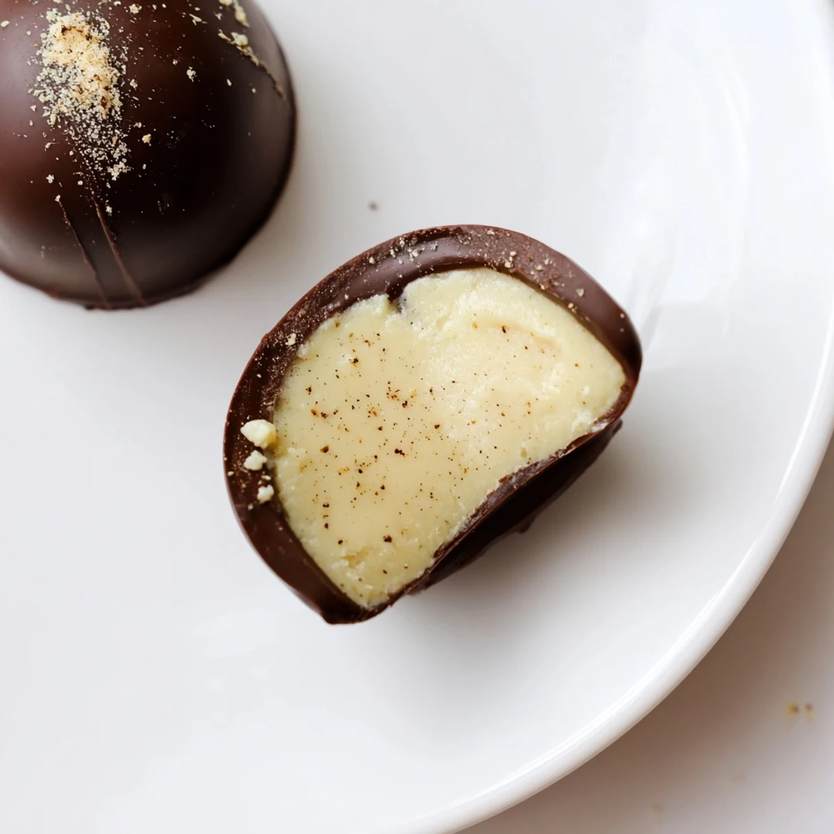 Dark Chocolate Eggnog Truffles glistening with glossy shells, dusted nutmeg, holiday platter