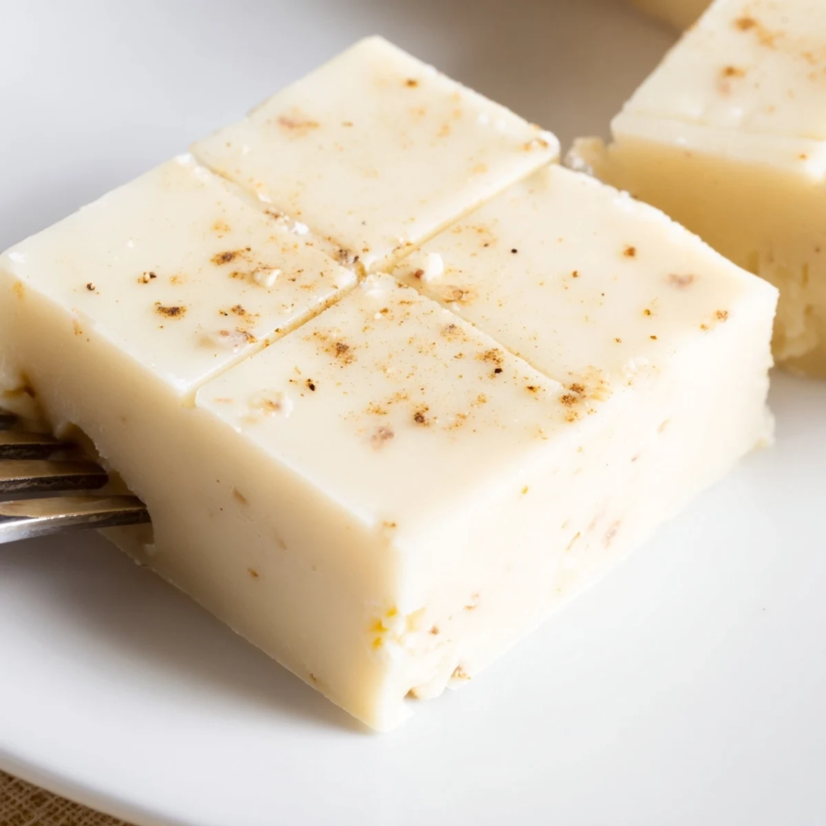 Creamy Eggnog Fudge dusted with grated nutmeg on a parchment lined pan