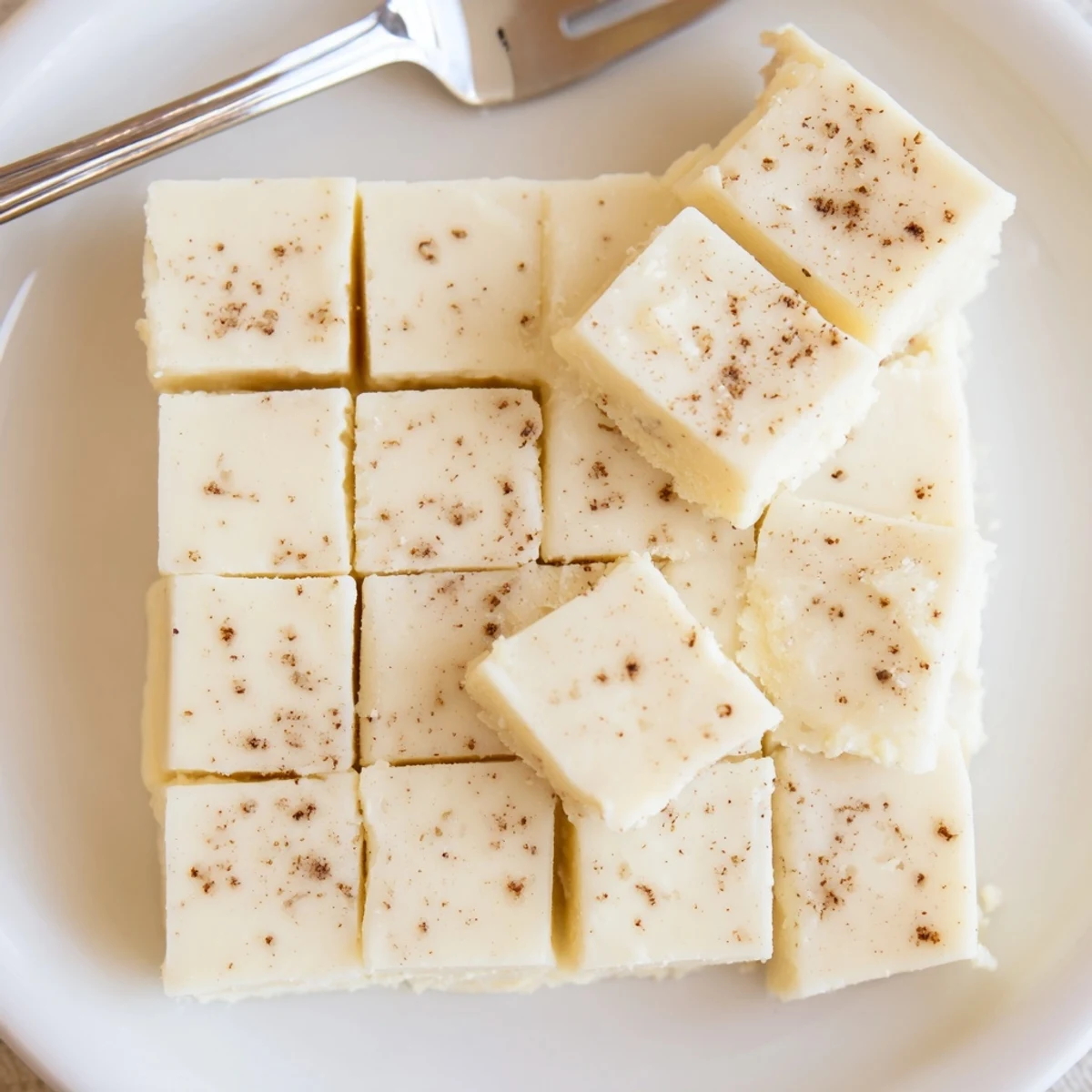 Slices of Eggnog Fudge cooling in refrigerator, speckled with warm spices