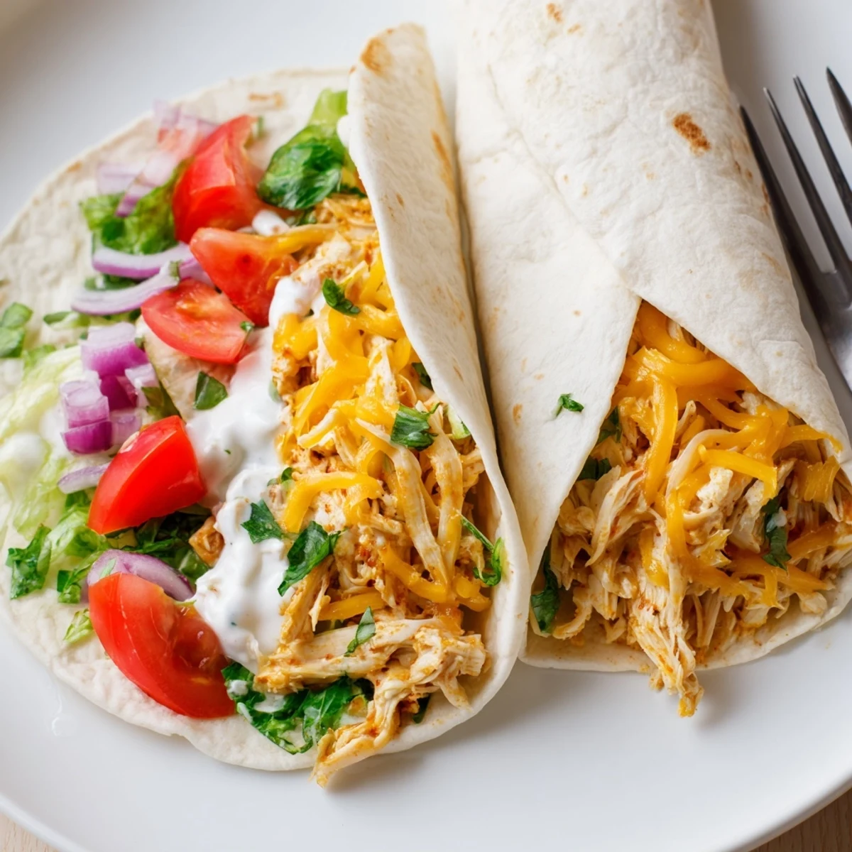 Cheesy Garlic Chicken Wraps with melted cheddar, warm tortillas and crisp lettuce.