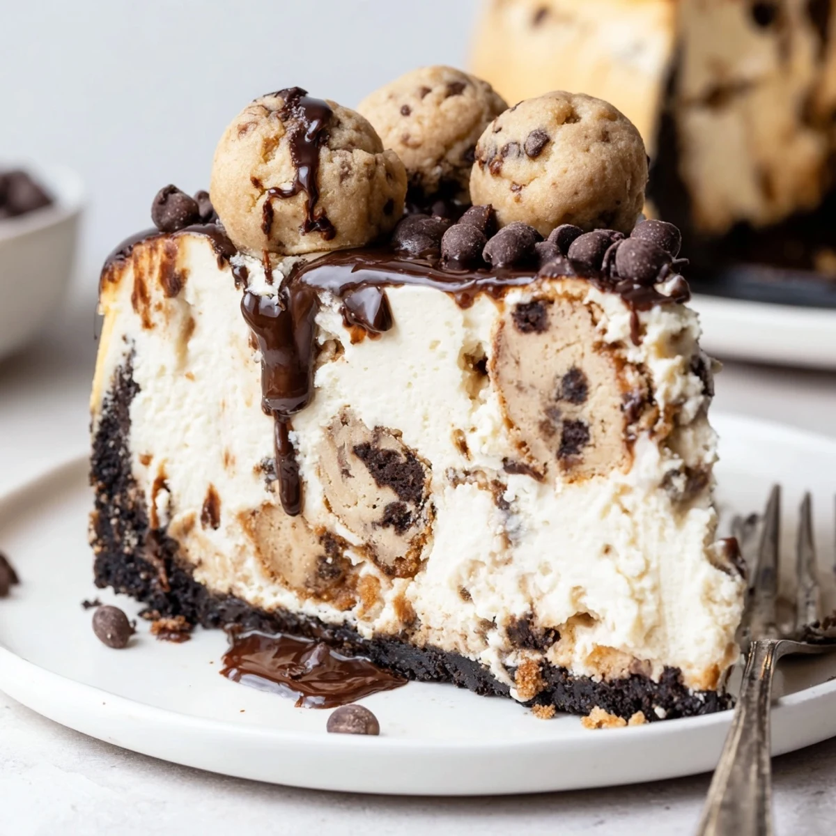 Chocolate Chip Cookie Dough Cheesecake with glossy chocolate chips, chilled slices on plate