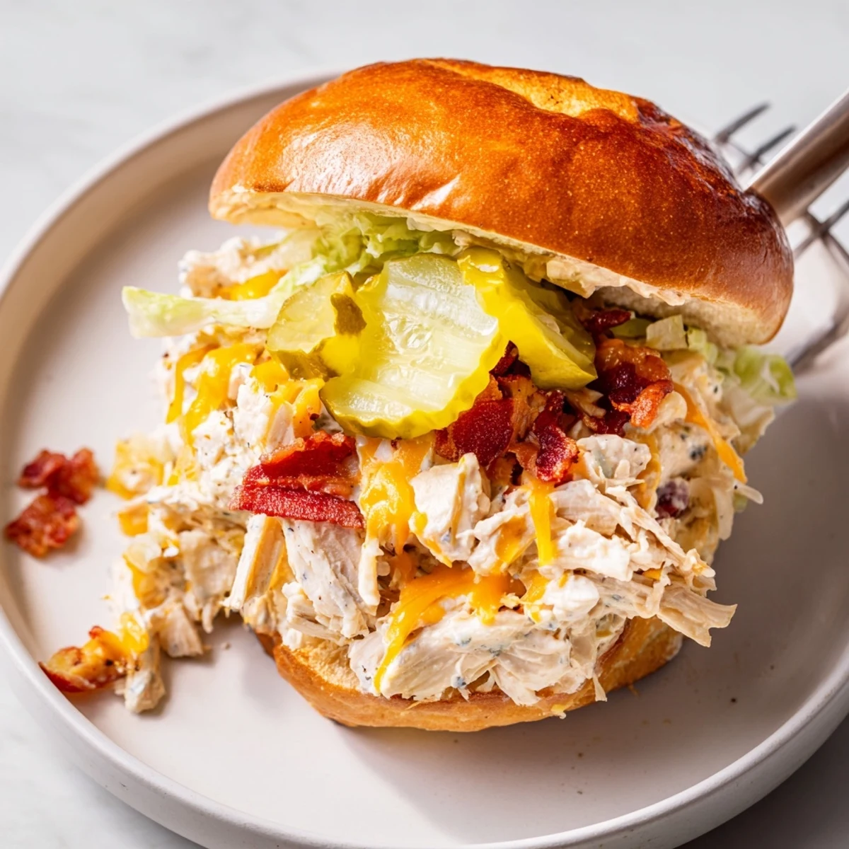 Creamy Crack Chicken Sandwiches spooned hot onto brioche buns, pickles optional