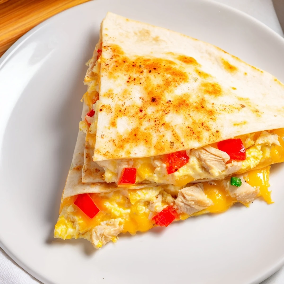 Pan-toasted Chicken Breakfast Quesadilla oozing cheddar, scrambled eggs, peppers, ready to eat.