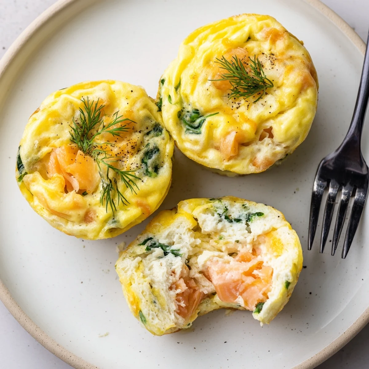 Tender savory breakfast bites served warm with lemon, Smoked Salmon Egg Muffins