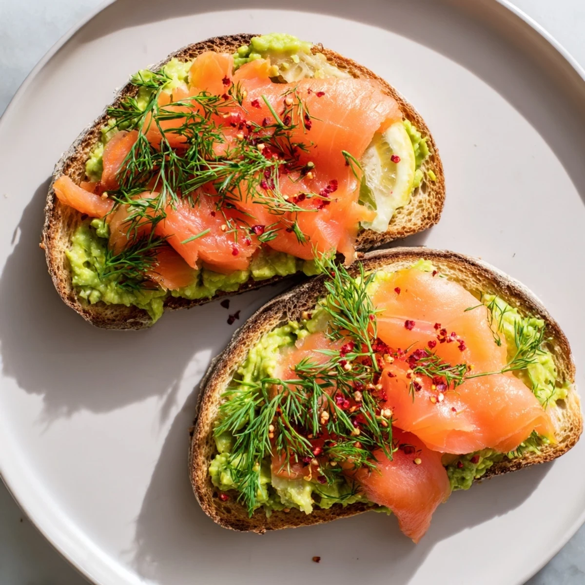 Salmon Avocado Toast on toasted sourdough, creamy avocado and silky smoked salmon.