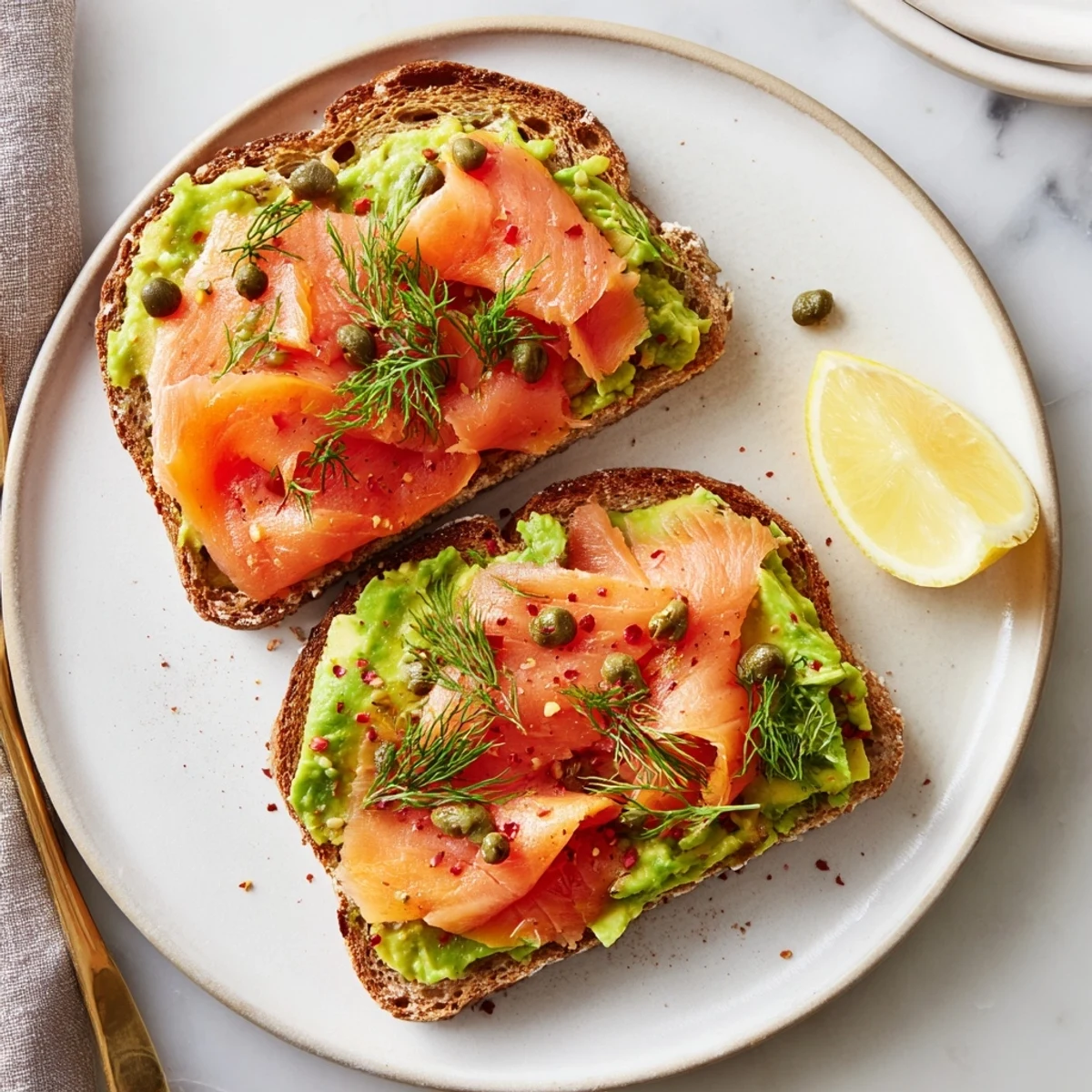 Bright Salmon Avocado Toast plated for brunch, dill, capers, fresh lemon.