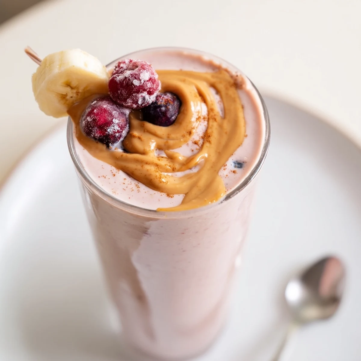 Creamy High Protein Smoothie in glass, nutty banana flavor, chilled breakfast boost