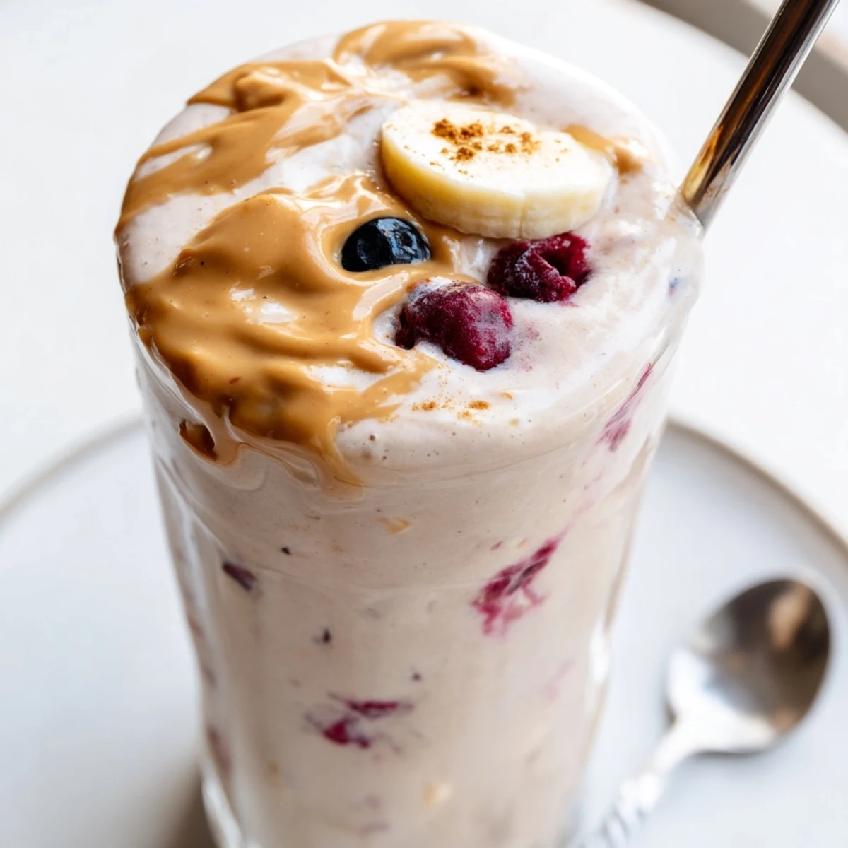 Bright High Protein Smoothie poured into two glasses, cinnamon dusting, energizing sip