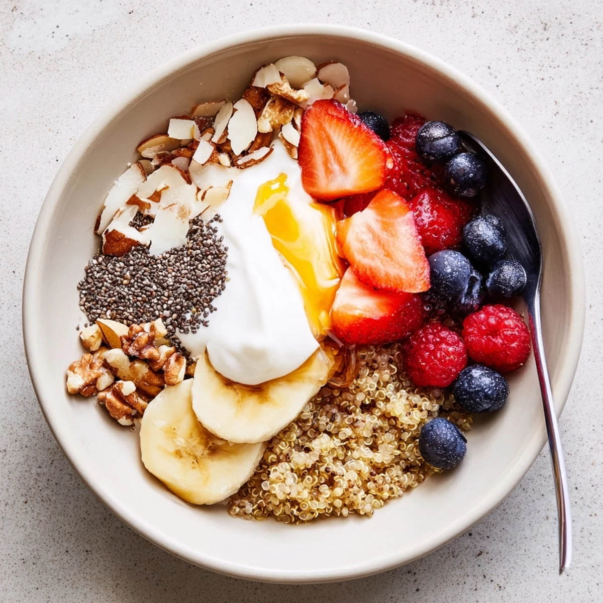 Quinoa Breakfast Bowl with fluffy grains, creamy yogurt, and bright berries