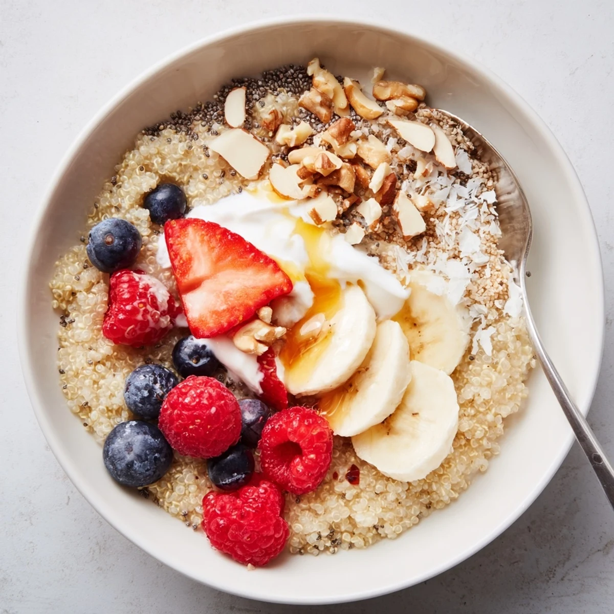 Warm Quinoa Breakfast Bowl topped with sliced banana, crunchy nuts, honey drizzle