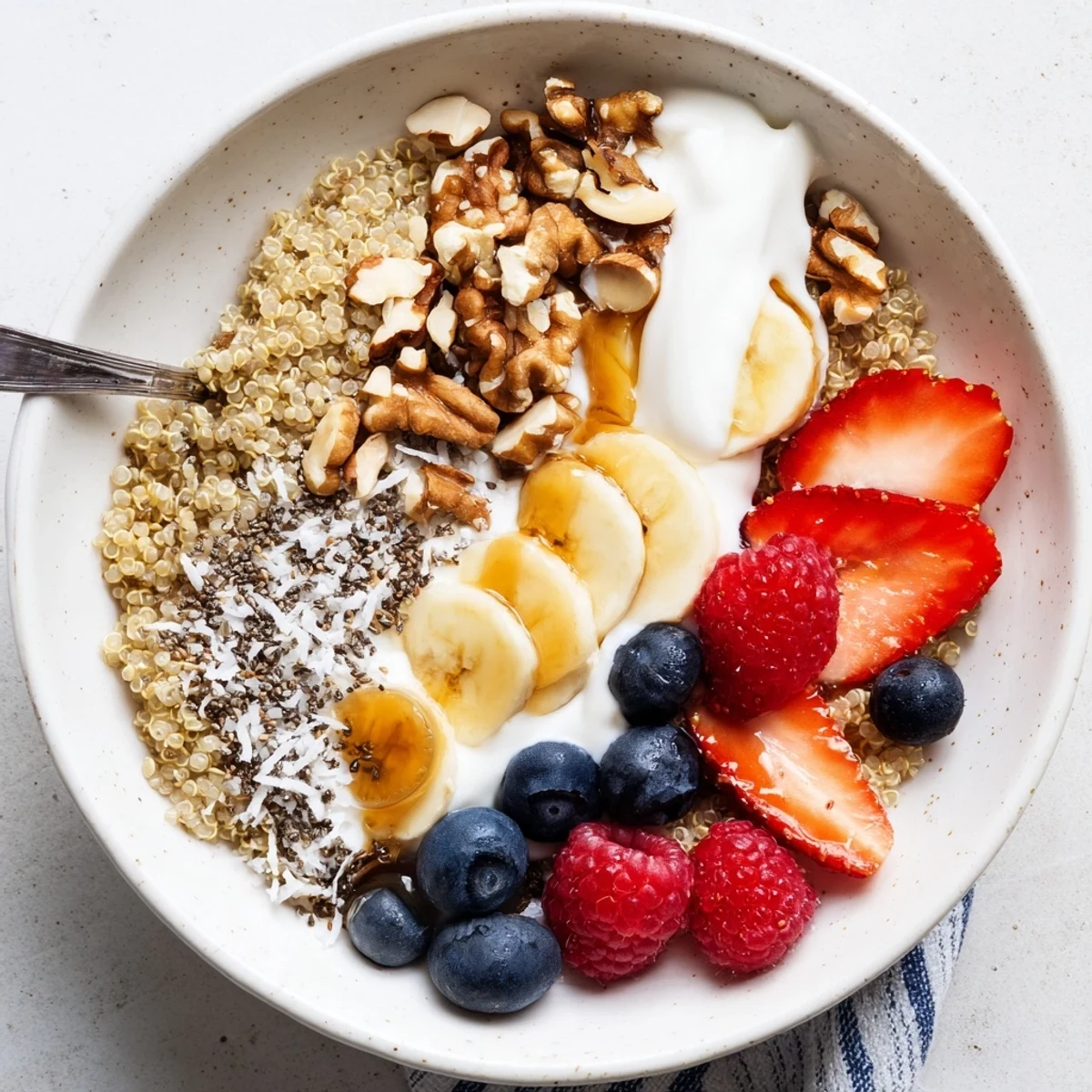 Colorful Quinoa Breakfast Bowl plated with yogurt swirl, chia seeds, shredded coconut