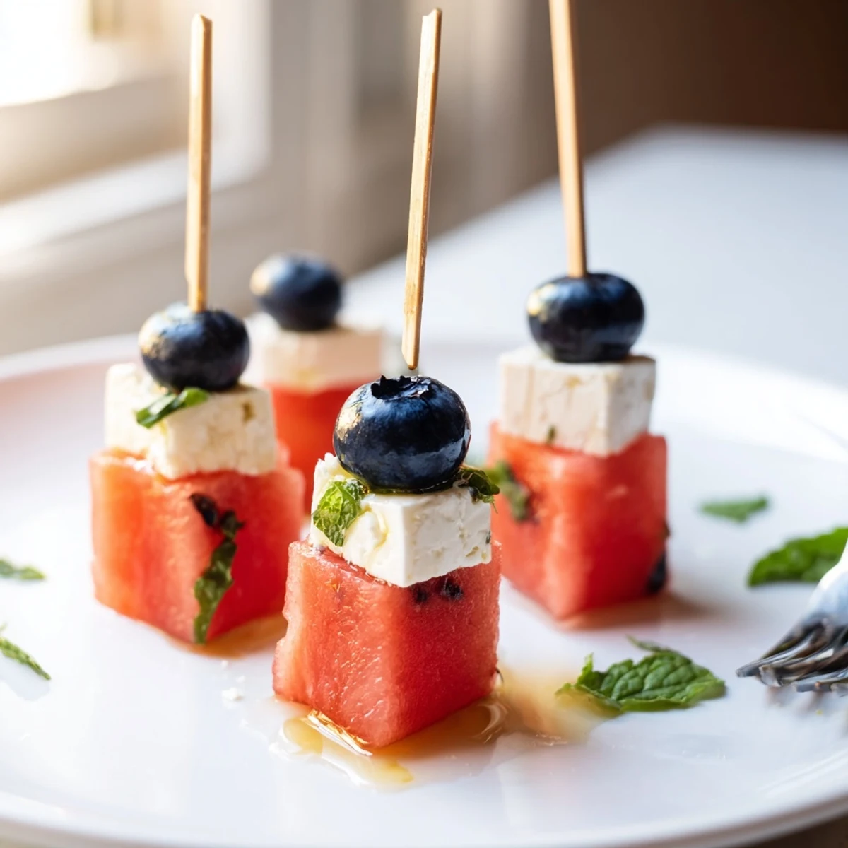 Patriotic Watermelon Feta Skewers arranged on platter, chilled and glistening