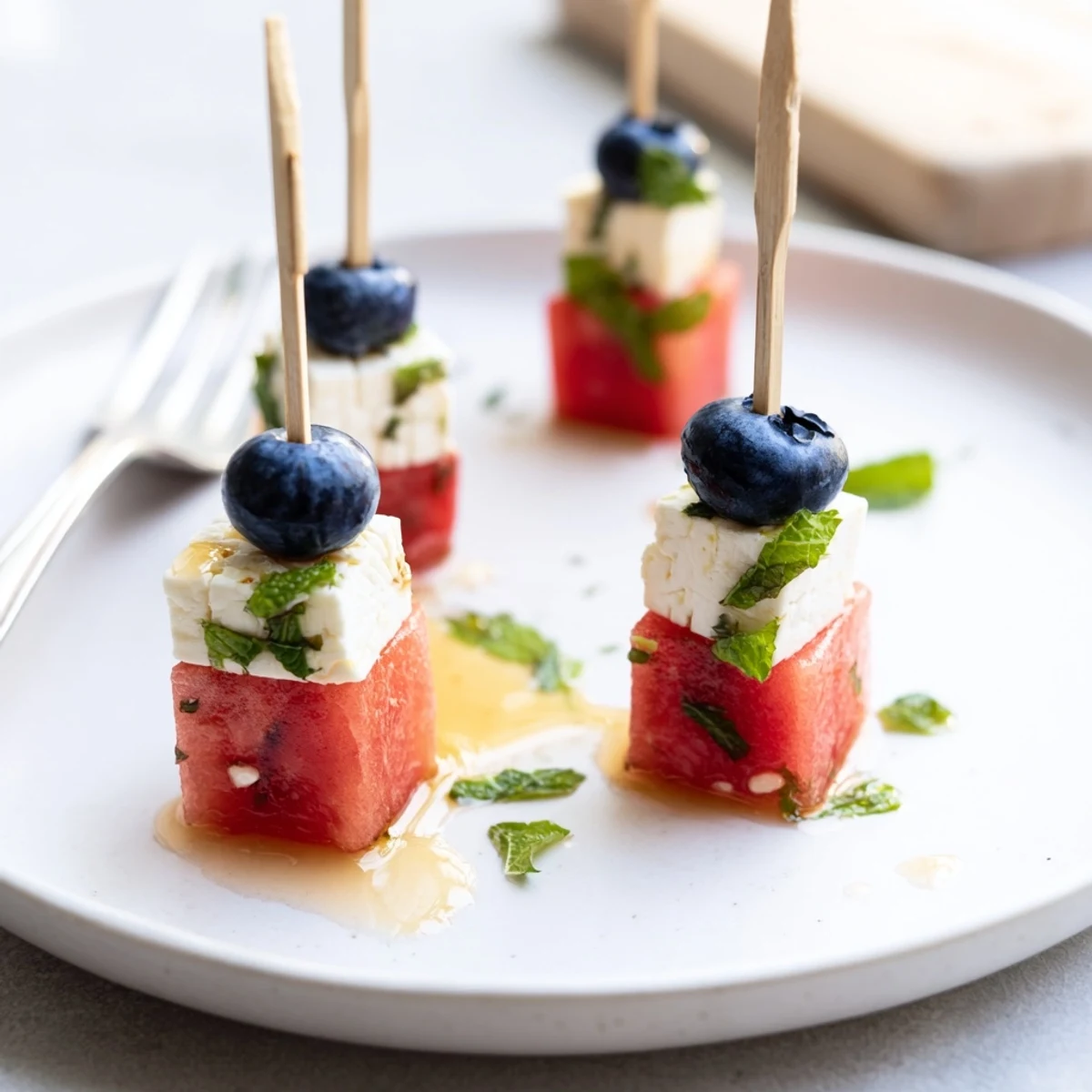Bright Patriotic Watermelon Feta Skewers with mint and honey drizzle for summer parties