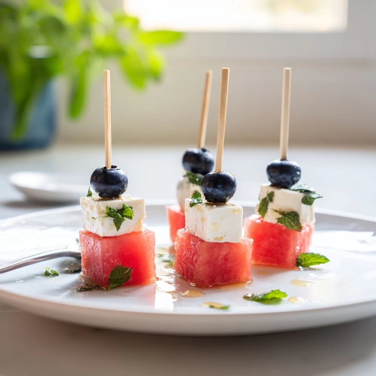 Patriotic Watermelon Feta Skewers on toothpicks, blueberries adding bright, tart pop