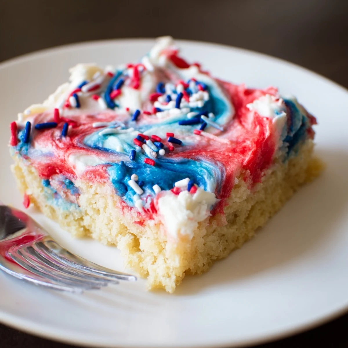 Patriotic Sugar Cookie Bars with swirled red, white, and blue frosting