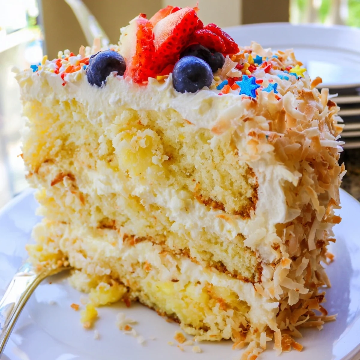 Pineapple Coconut God Bless America Cake: moist layers, cream cheese frosting, fresh berries