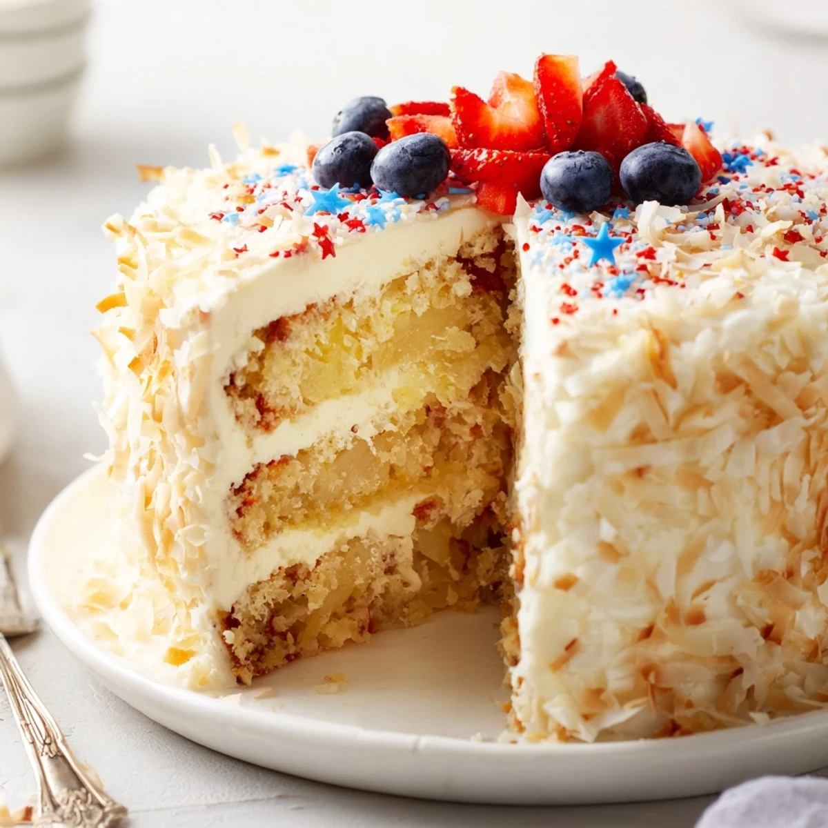 A slice of Pineapple Coconut God Bless America Cake on patriotic summer plate