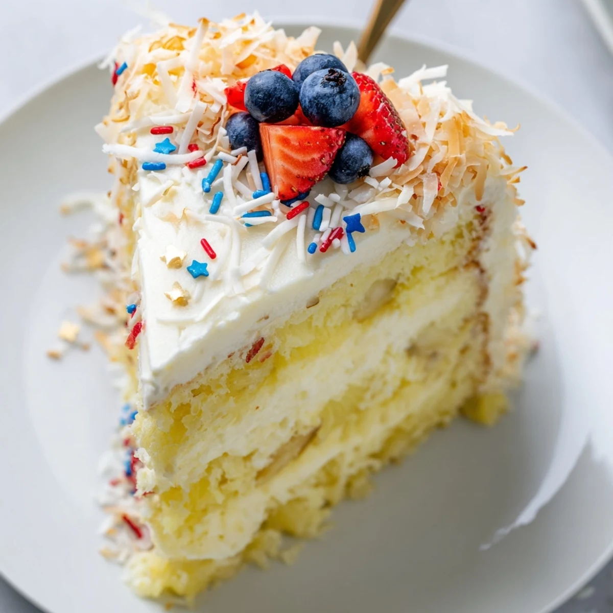 Served at backyard barbecue, Pineapple Coconut God Bless America Cake dusted with toasted coconut