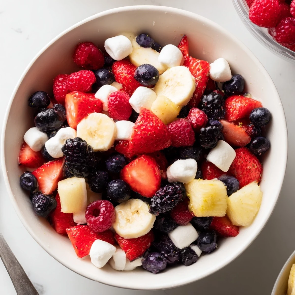 Chilled Red White And Blue Fruit Salad garnished with mint, fluffy marshmallows