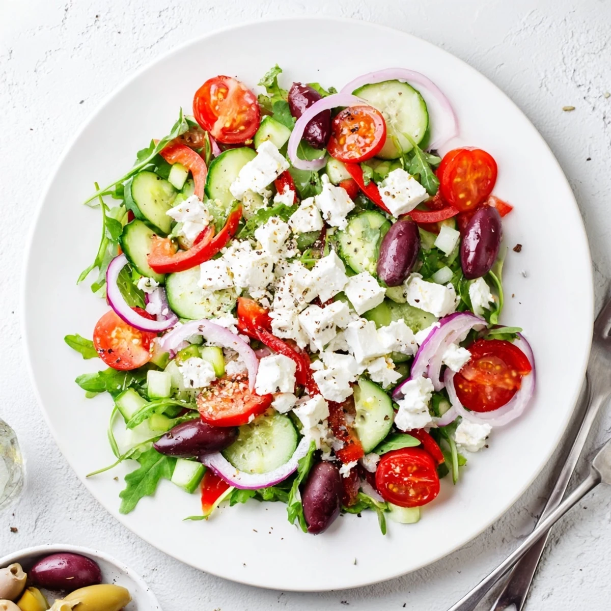 Easy Fresh Salad Recipe served immediately, crunchy bell pepper and red onion