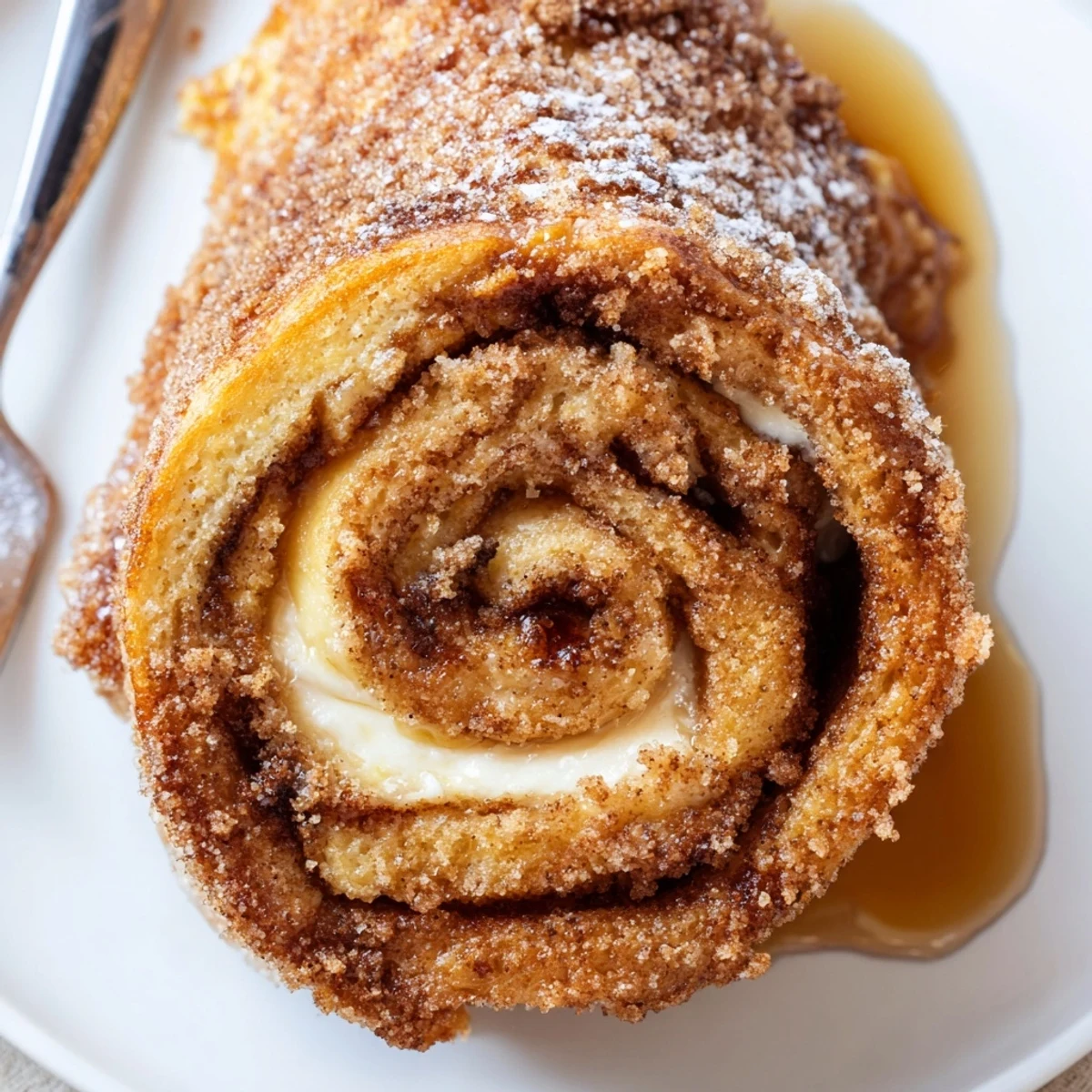 Cinnamon Roll French Toast Roll Ups on plate, butter-brushed, drizzled with syrup