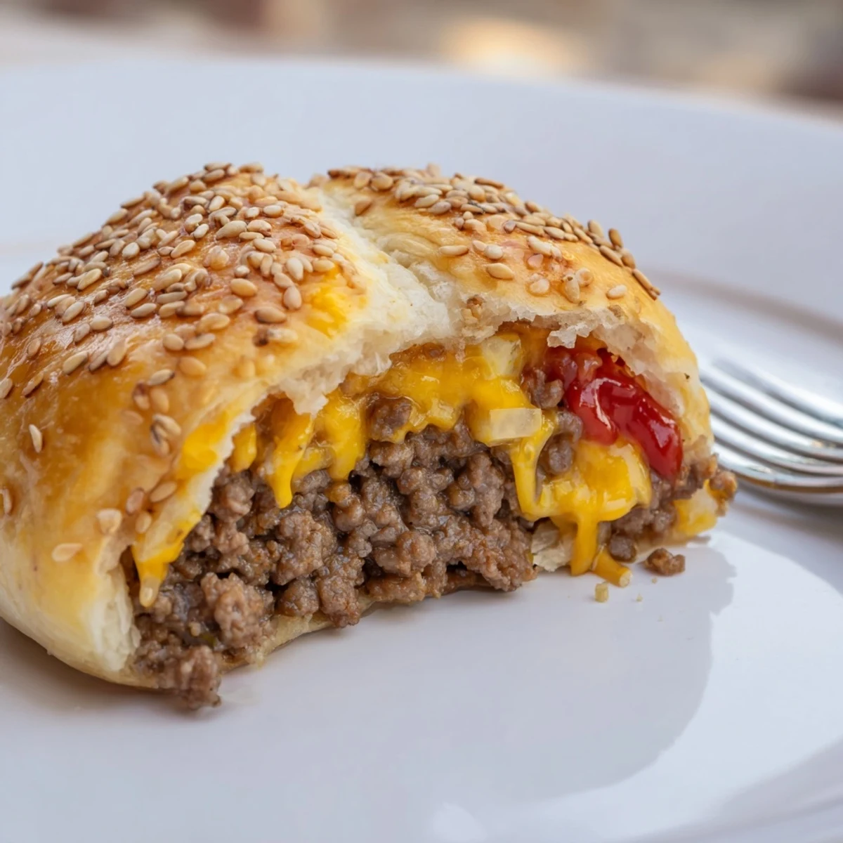 Golden-browned Cheesy Cheeseburger Bombs Explosion Recipe steaming, gooey cheese oozing, sesame-topped.