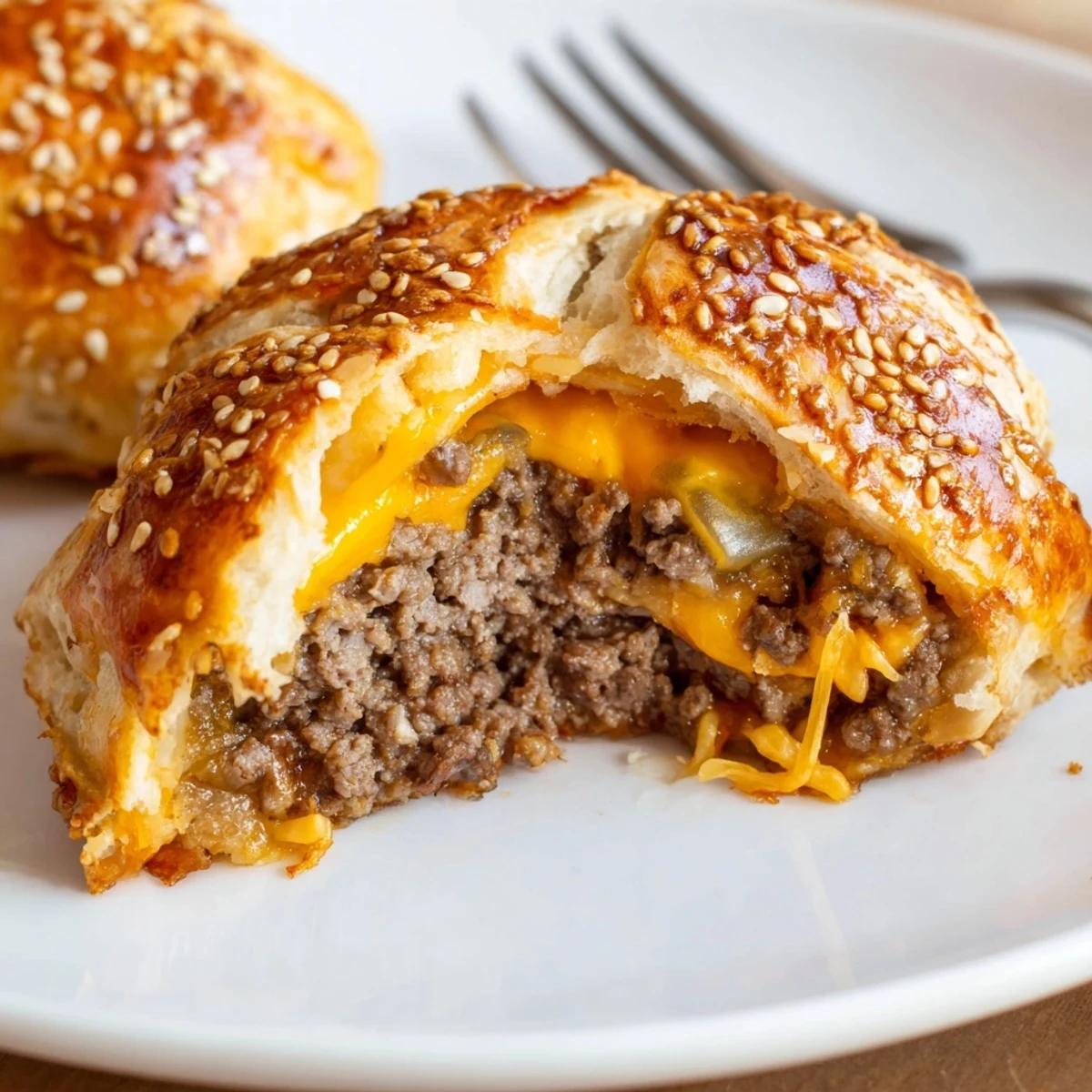 Crispy biscuit crust on Cheesy Cheeseburger Bombs Explosion Recipe, served with ketchup.