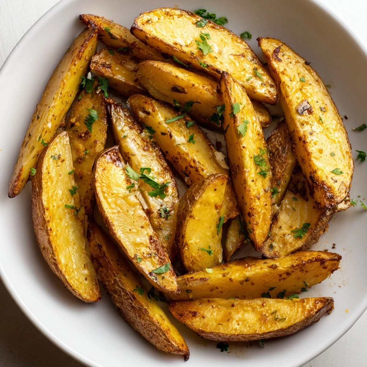 Rustic skin-on Potato Wedges turned golden in 430°F oven, served piping hot