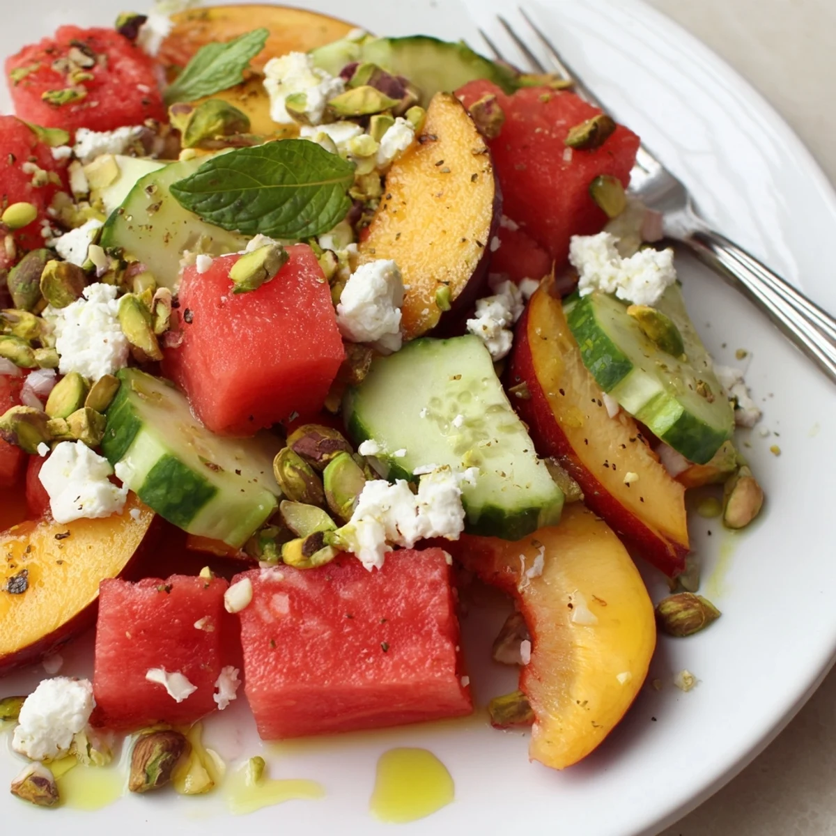 Summer Peach Watermelon Salad glistening with honey-lime dressing, mint, and feta