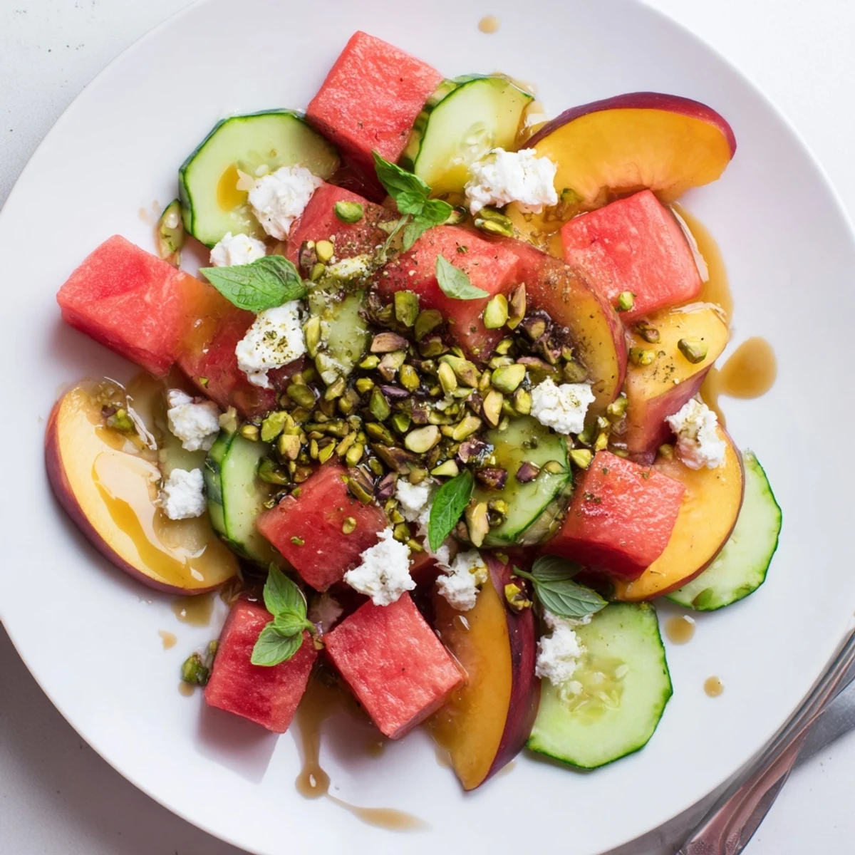 Bowl of Summer Peach Watermelon Salad topped with crunchy pistachios, fresh basil