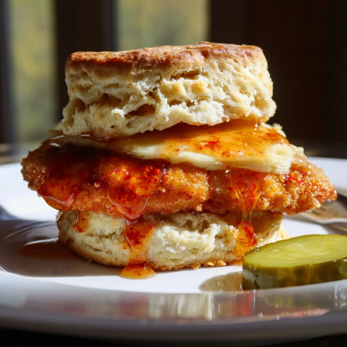 Hot Honey Chicken Biscuits on parchment, golden biscuits glistening with spicy honey drizzle