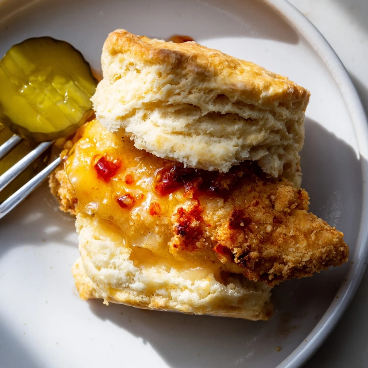 Plate of Hot Honey Chicken Biscuits with crisp fried chicken and pickle slices