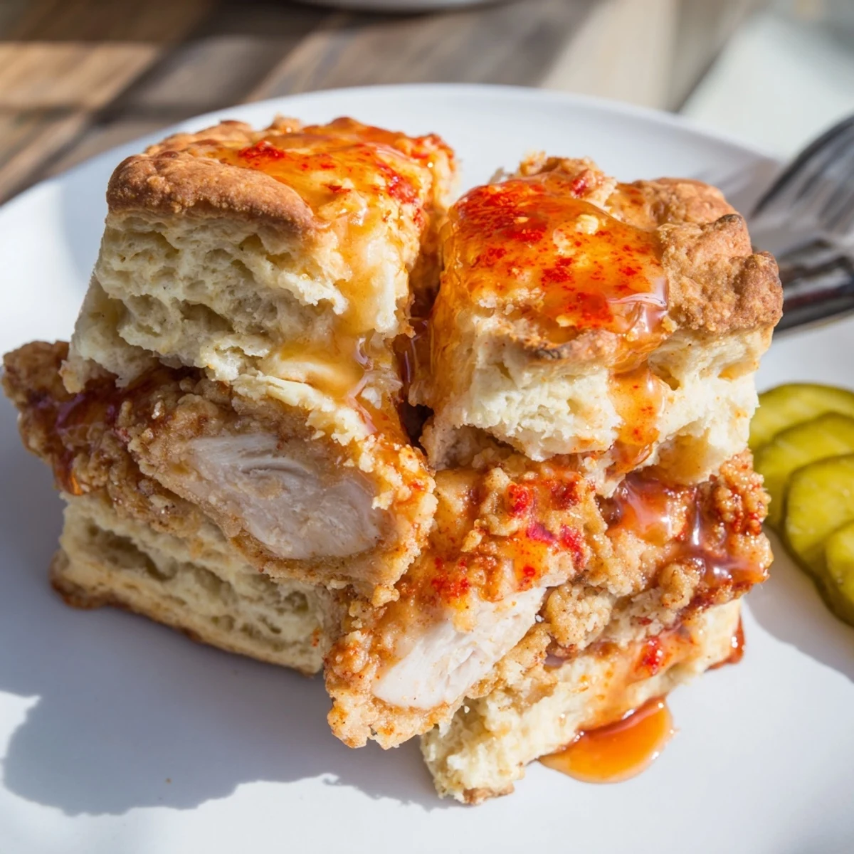 Warm Hot Honey Chicken Biscuits split open, buttery biscuit and sticky honey drizzle
