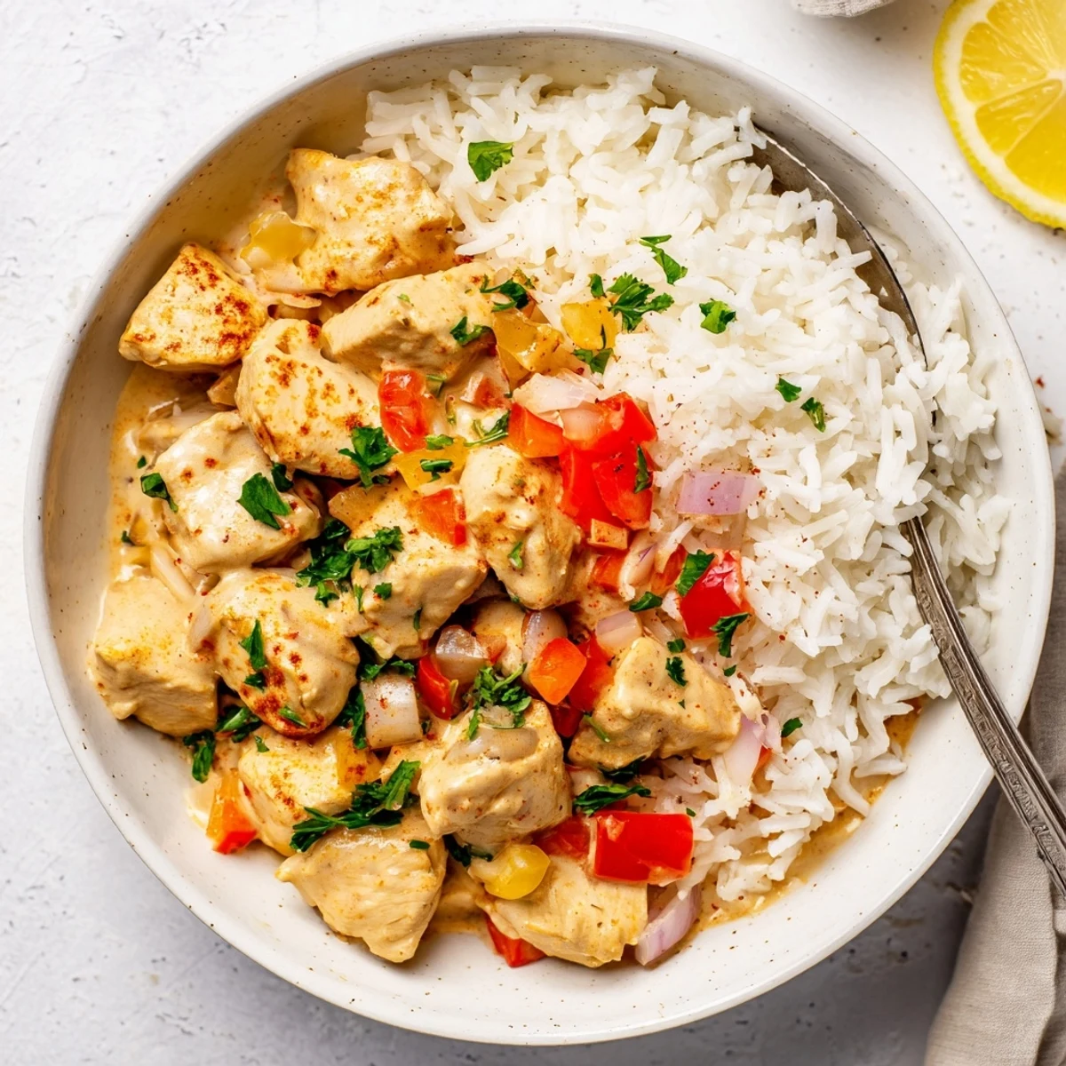 Creamy Cajun Chicken Rice Bowls steaming with tender, sauce-coated chicken and peppers.