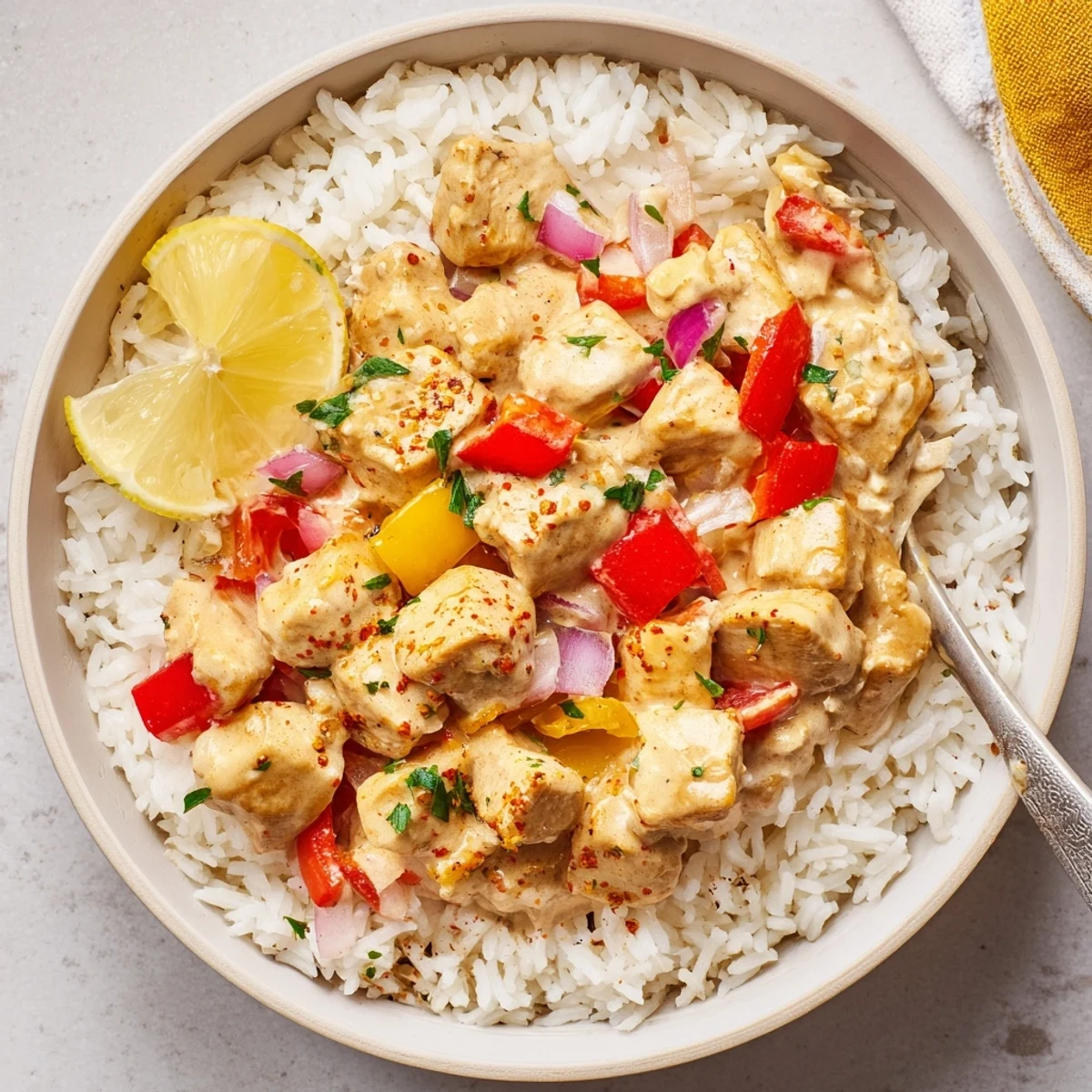 Fresh from skillet, Creamy Cajun Chicken Rice Bowls served over fluffy white rice.