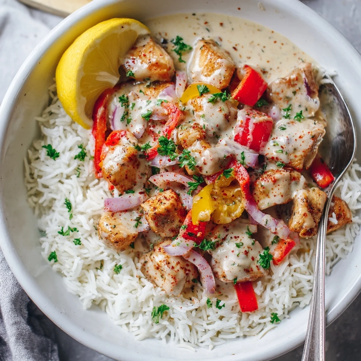 Rich, spicy sauce coating tender chicken, garnished with lemon, Creamy Cajun Chicken Rice Bowls.