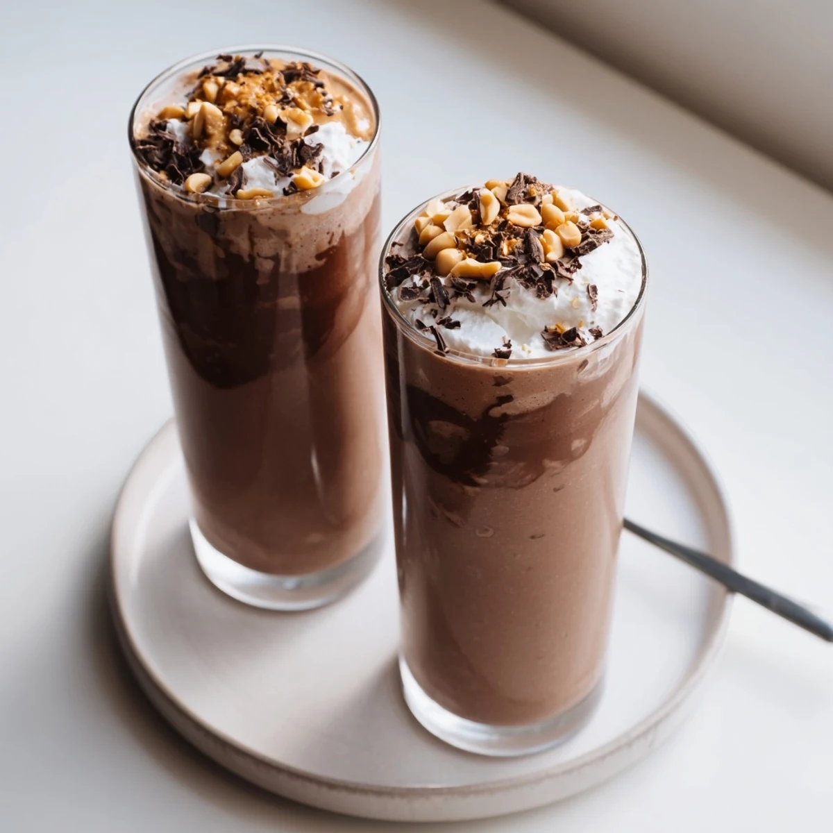 Thick Chocolate Peanut Butter Smoothie in glass, whipped cream and crushed peanuts.