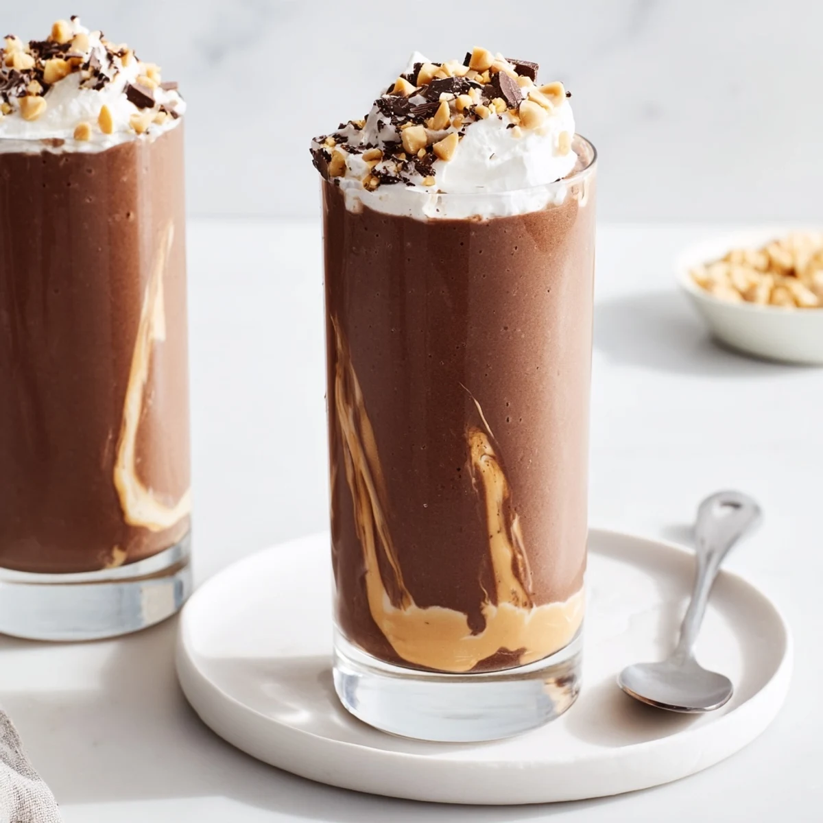 Creamy Chocolate Peanut Butter Smoothie poured into two glasses, topped with chocolate.