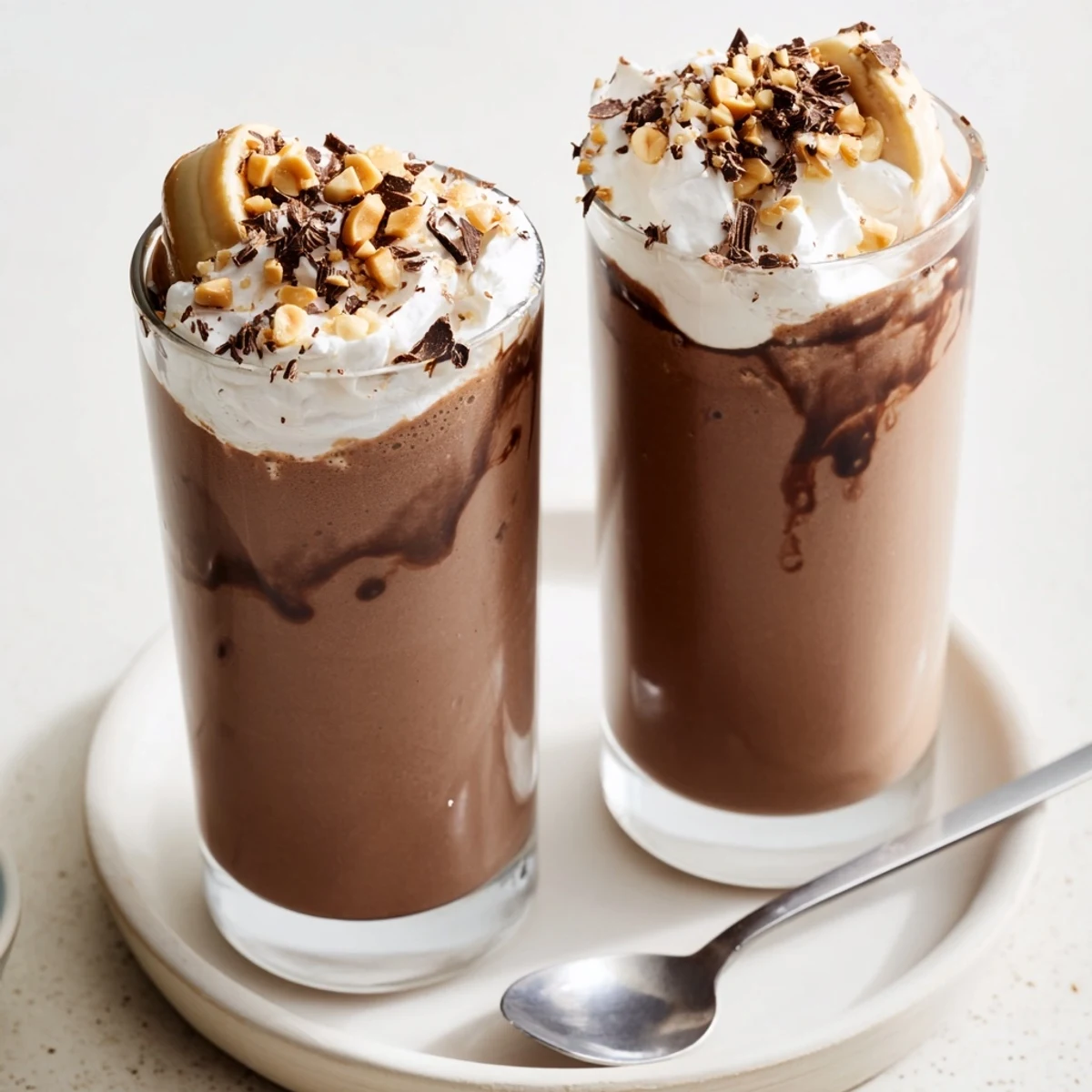 Cold Chocolate Peanut Butter Smoothie with frozen banana, silky chocolate swirl.