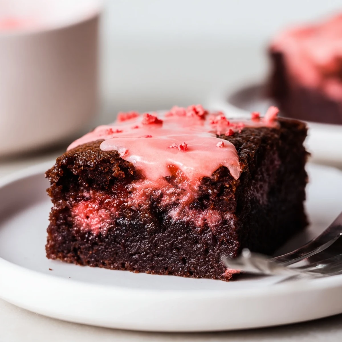 Strawberry Brownies with glossy pink glaze on parchment paper, fudgy center