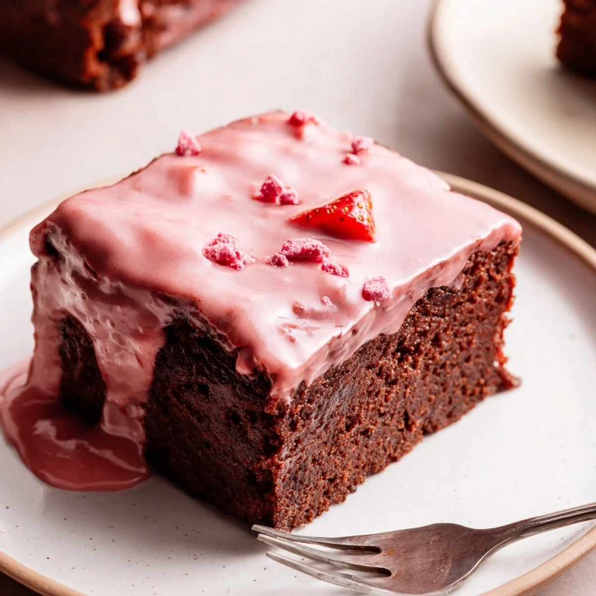 Warm Strawberry Brownies cooling in small baking pan, steam and berry aroma