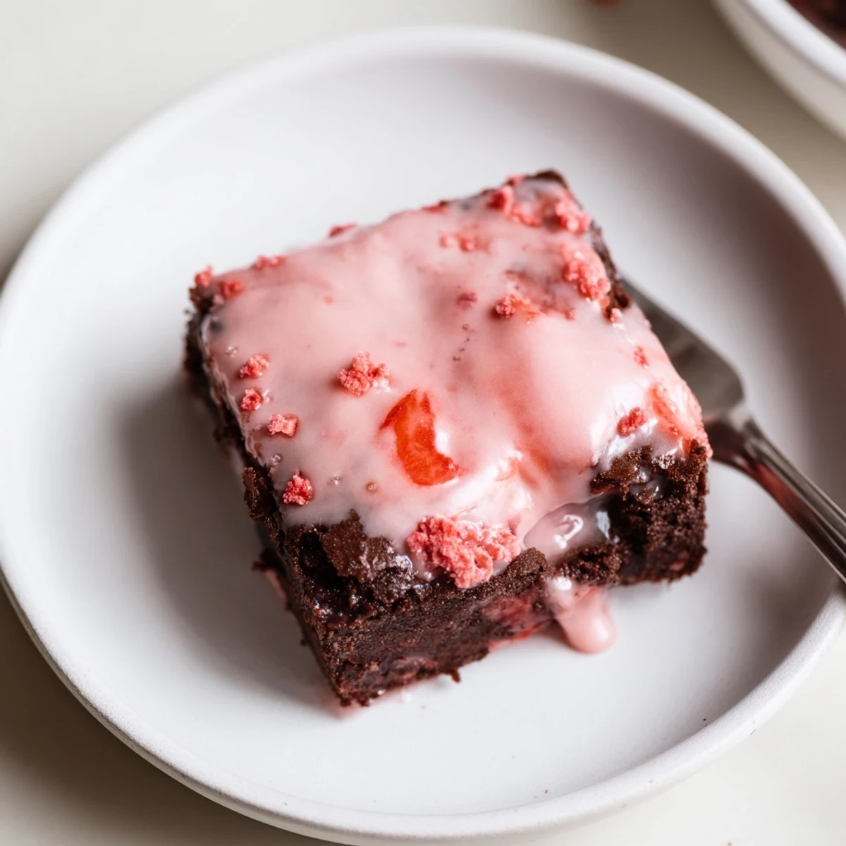 Single slice of Strawberry Brownies topped with whipped cream and fresh strawberries